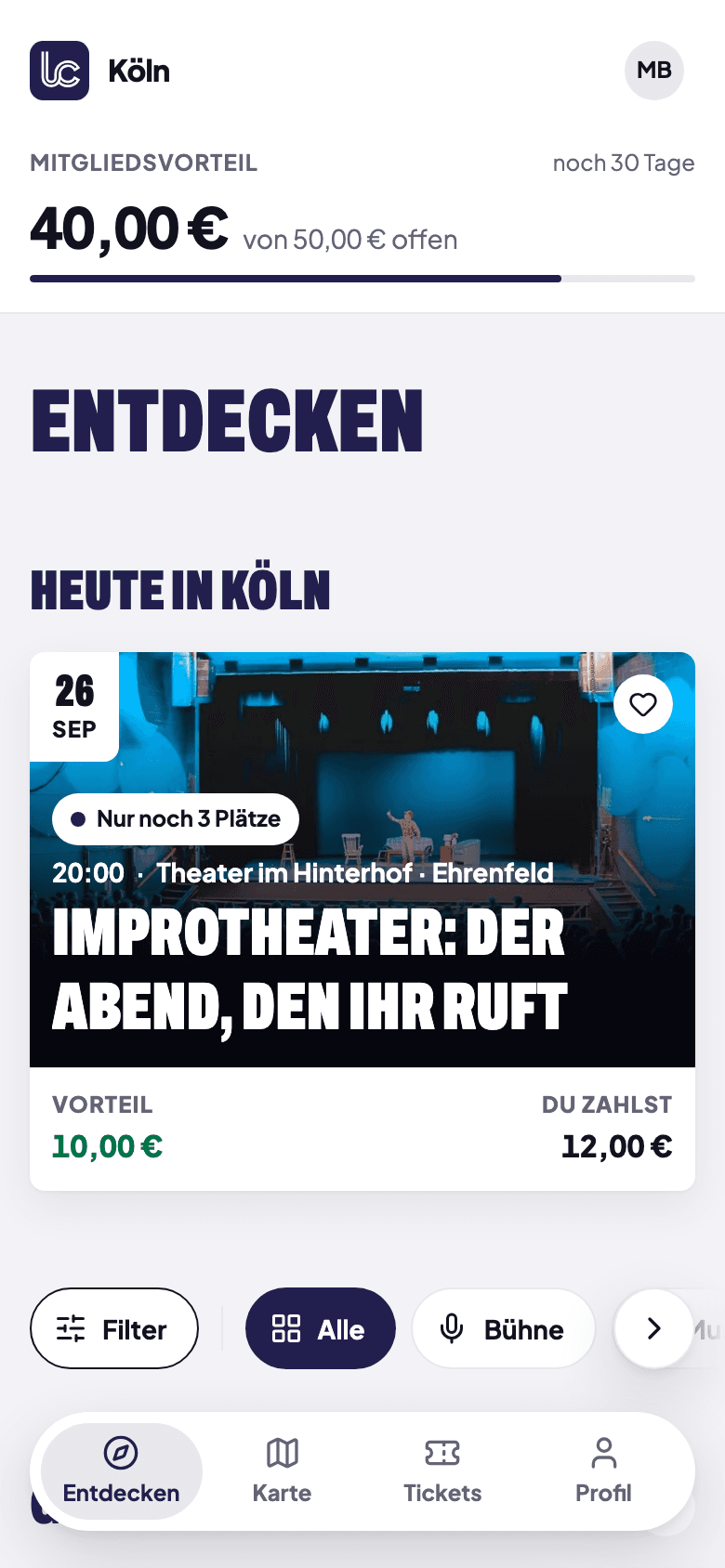 Die App: Entdecken mit dem Mitgliedsvorteil oben, dem Tagesplakat für heute und den Filtern darunter